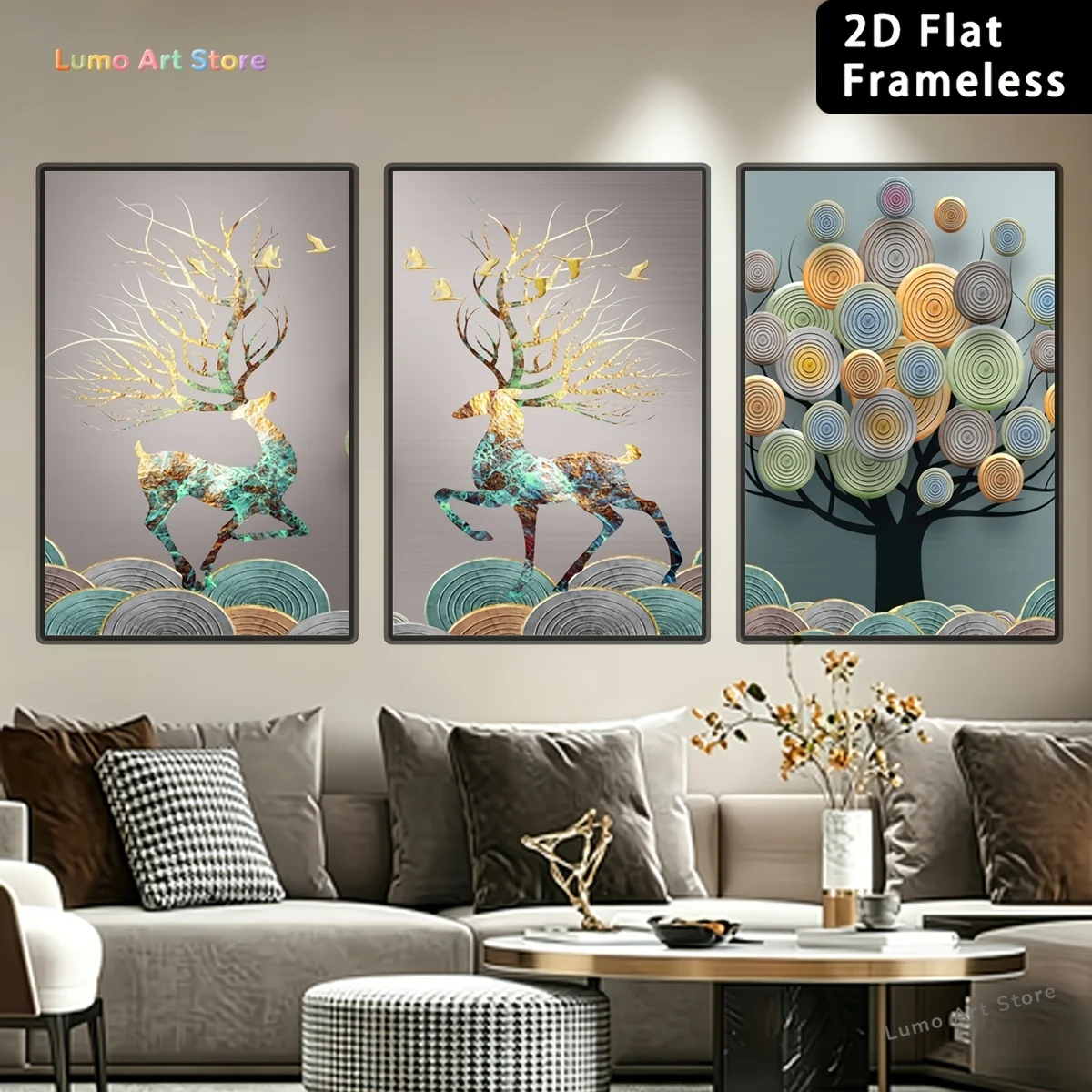 2D Flat, [2D Flat]3pcs Frameless Canvas Printed Poster, Abstract Deer with Golden Antlers and Turquoise Patina Over Layered C
