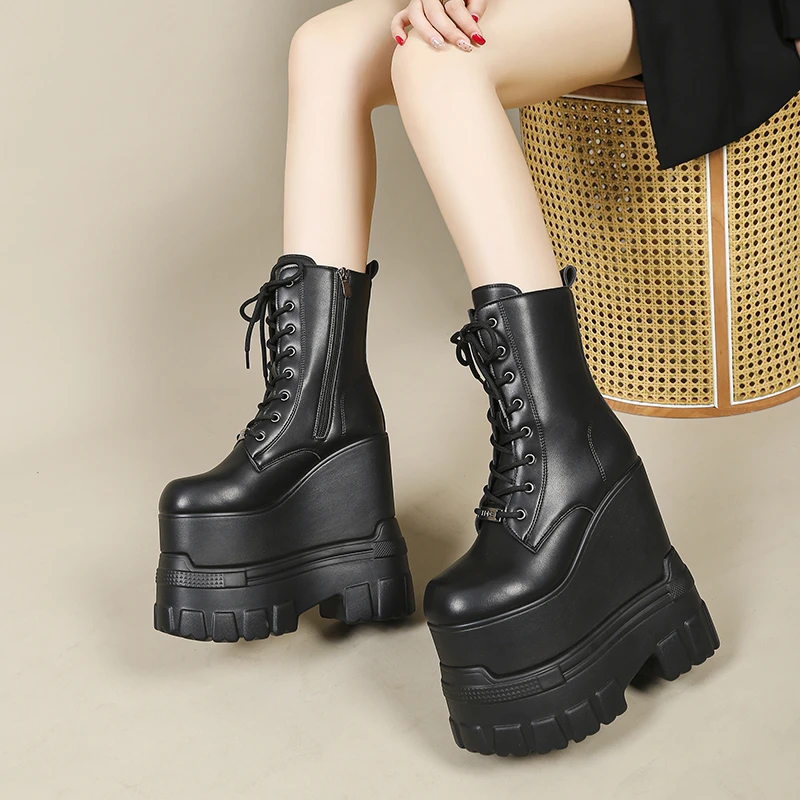 Bottes mi-mollet à plateforme, rehaussantes et amincissantes, à lacets, tendance et polyvalentes, en cuir