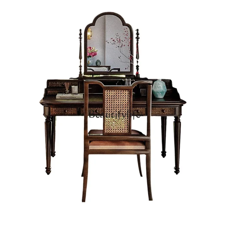 04*French antique retro old solid wood dresser rattan bedroom makeup table