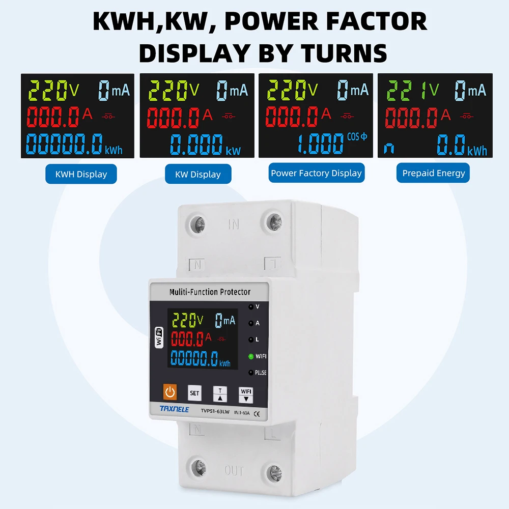 63A TUYA WiFi Smart Earth Leakage Over Under Voltage Protector Relay Circuit Breaker Timer Energy Power kWh Meter Smart Life