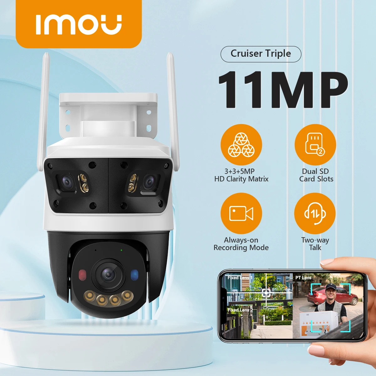كاميرا IMOU Cruiser Triple 11MP متعددة العدسات WiFi IP كاميرا أمان AI للكشف عن المركبات البشرية كاميرا مراقبة ملونة ذكية خارجية