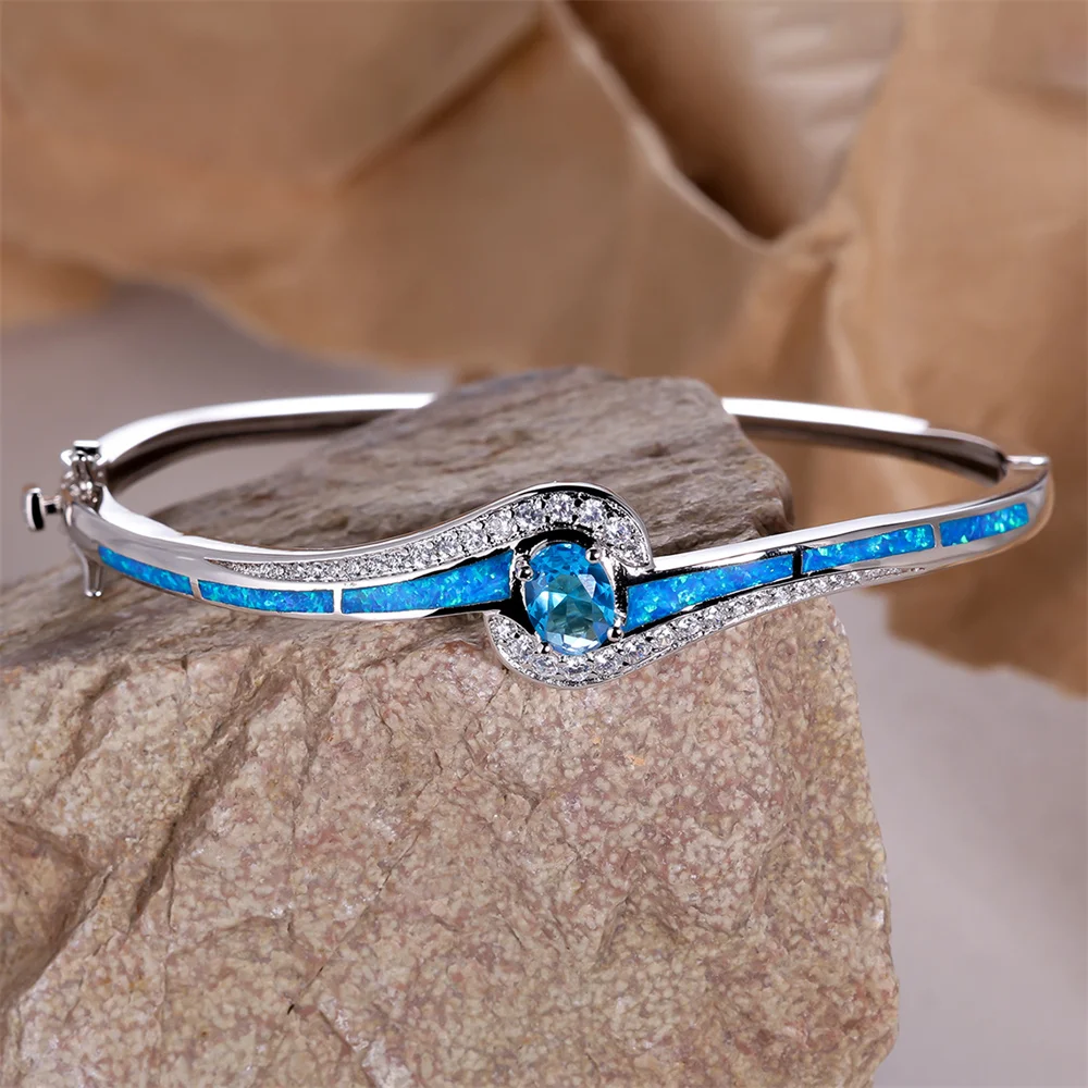 Aqua Blue Crystal Oval Stone Bangle Blue Fire Opal Bracelets For Women Classic Silver Color Wedding Engagement Jewelry Mom Gifts