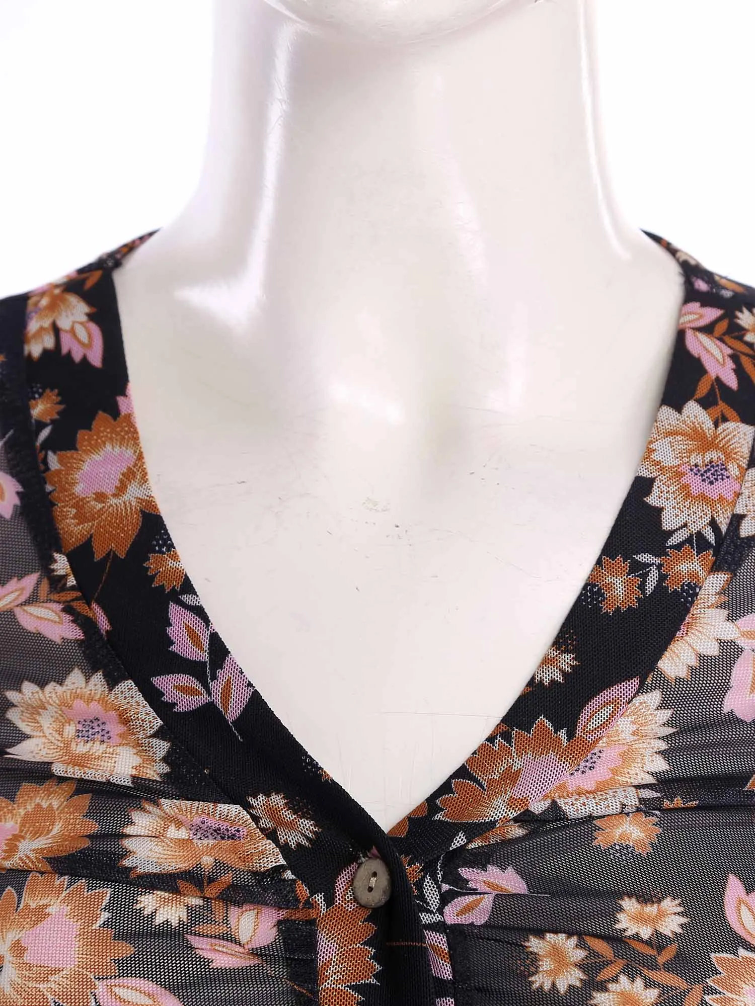 Womens Sheer Mesh Ruched Blouses Floral Print Long Sleeve Front Button-up Boho Shirt Cover-up Slim Top for Beach Club Vacation