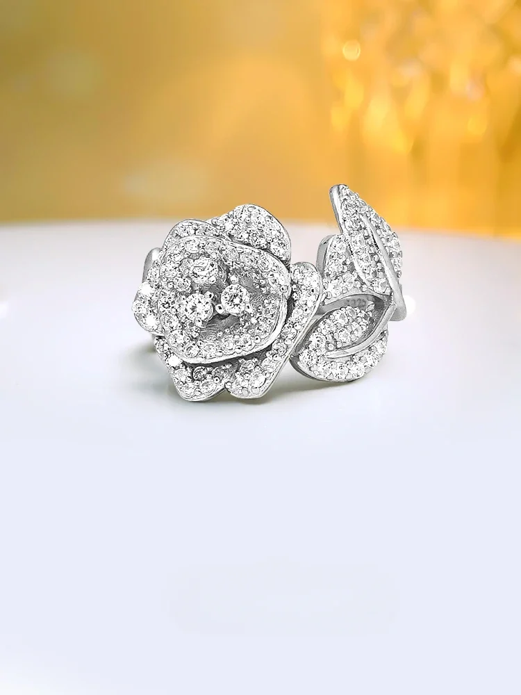 Desire Light Luxury S925 Silver Rose Elegant Ring Set with High Carbon Diamond Versatile, Unique New Chinese Retro Flower Girl