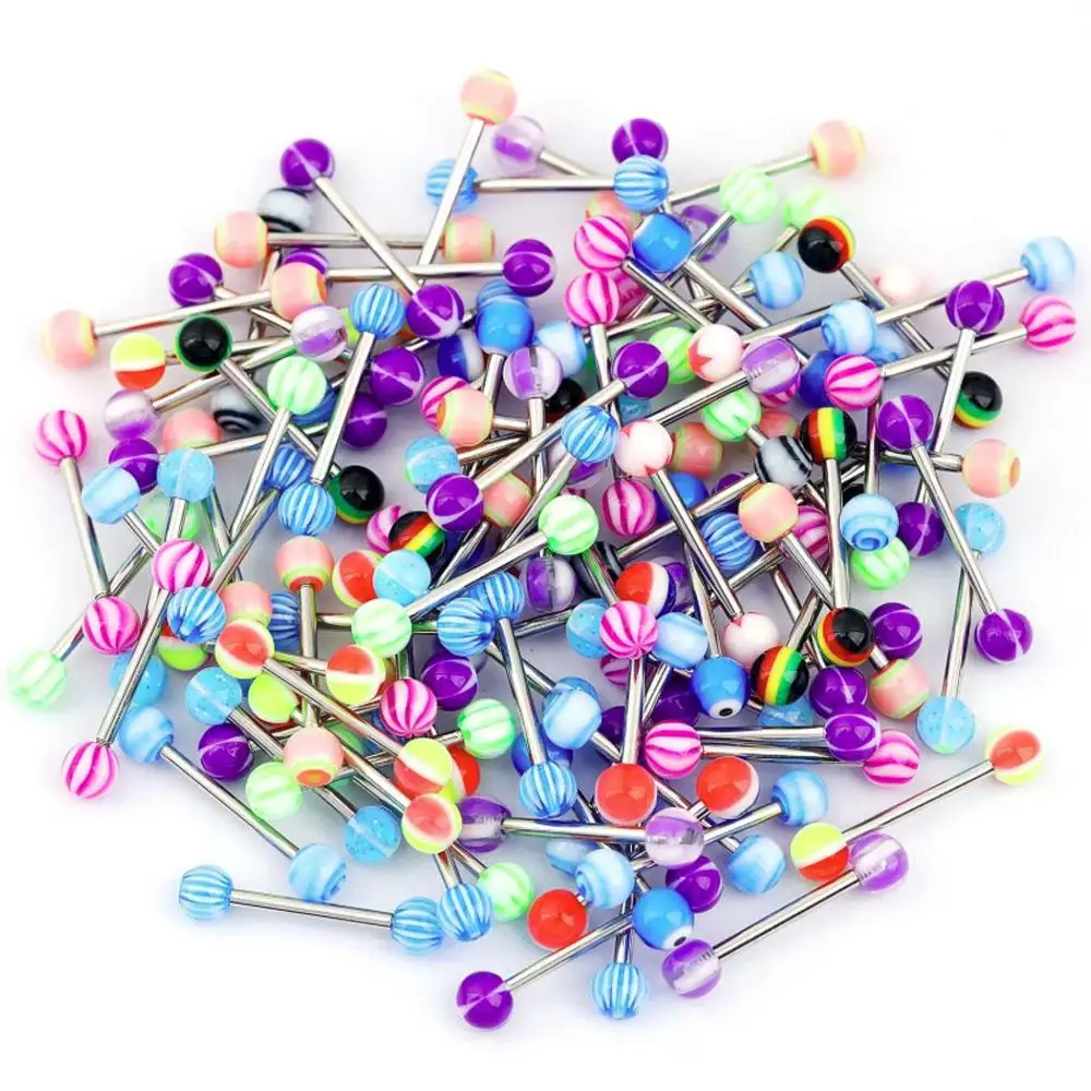 100PCS 14G Tongue Rings Surgical Steel 16mm Bars 6mm Acrylic Balls Screw-on Acrylic Balls Mixed Color Tongue Piercing Jewelry