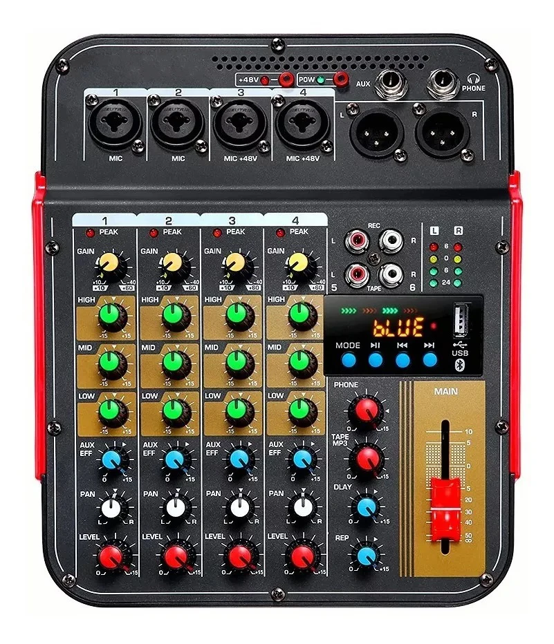 Mixer de áudio com Bluetooth e Reverb, 48V Alimentação, 6-Channel Sound Card, DJ Karaoke