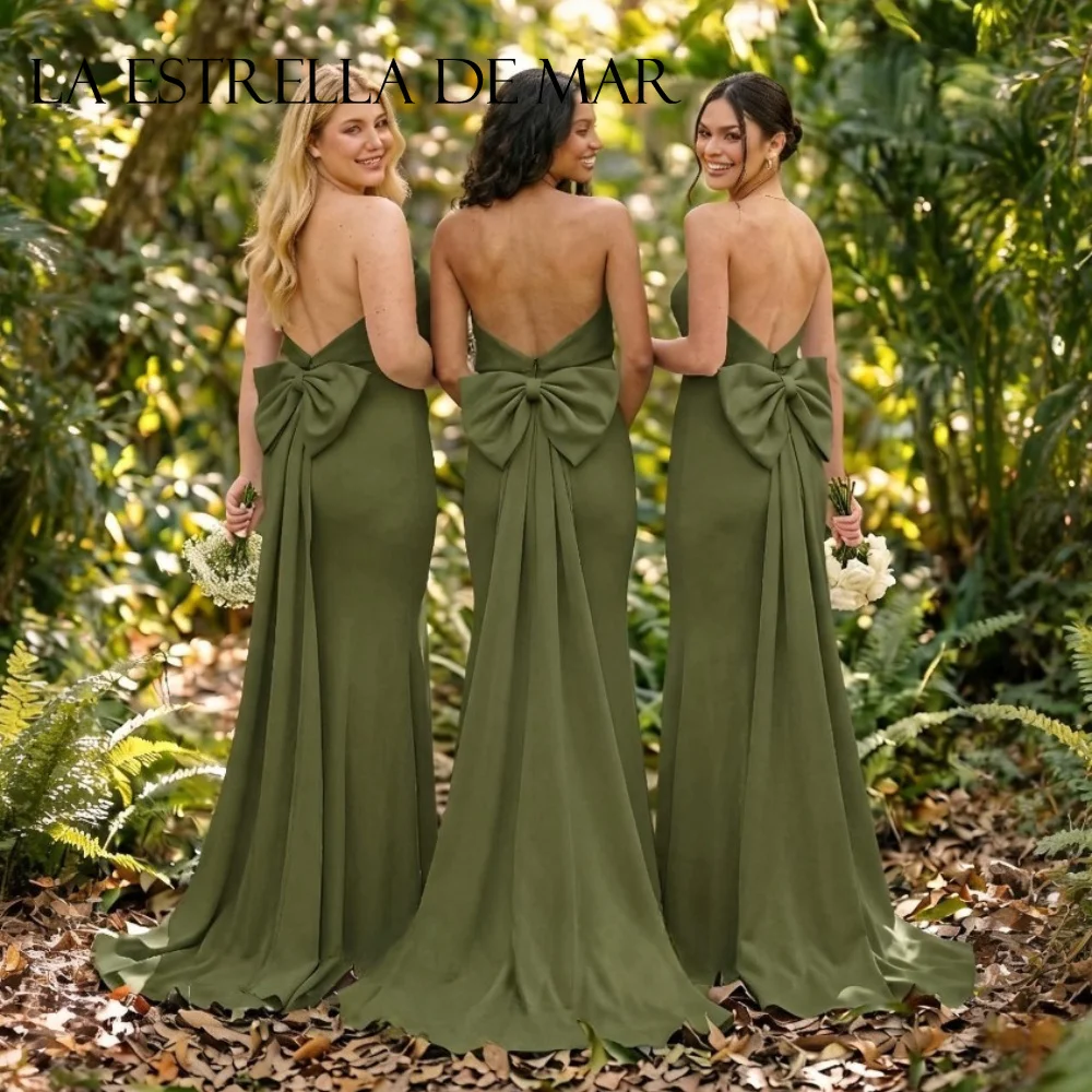 Olive Green Wedding Dress Backless Strapless Sheath/Column Bridesmaid Dresses with Bow Elegance Vestido De Madrinha De Casamento
