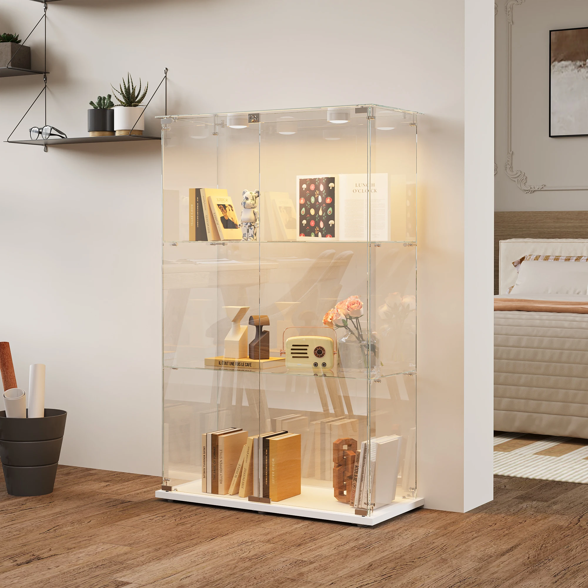Rosahqnda glazen vitrinekast met één deur, 5 planken, zwarte curiosakasten voor woonkamer, slaapkamer, kantoor, collectiedisplay