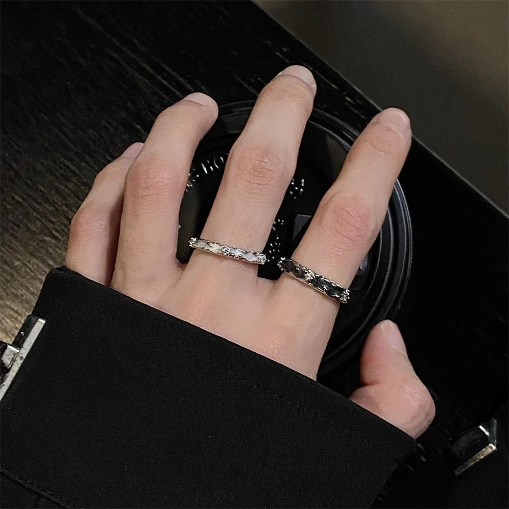 2Pcs Vintage Geometric Wave Enamel Glaze Rings For Women Men Punk Hip Hop Zircon Opening Adjustable Finger Ring Jewelry Gifts