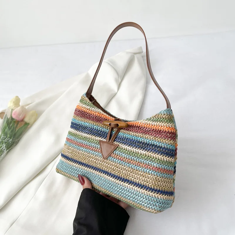 Summer New Straw Braided One Shoulder Underarm Bag Women's Rainbow Stripe Single Shoulder Bag Bohemian Style Hand Carry Bags