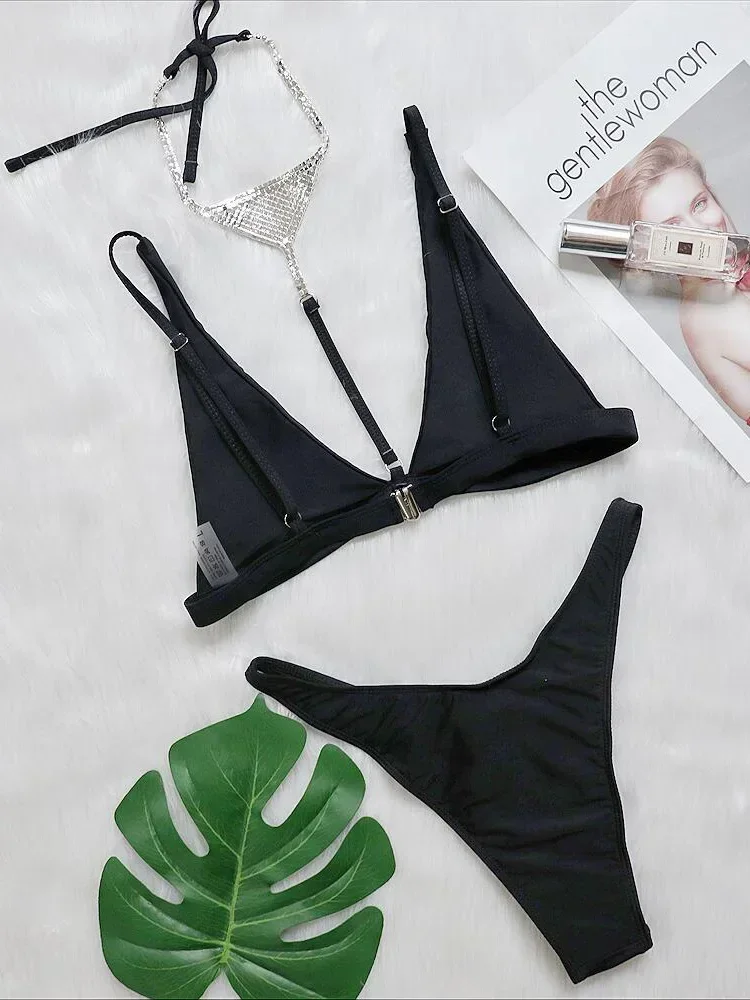 3 PCS Diamond Mesh Sheer Long Sleeve Bikini Women Swimwear Female Swimsuit Three-pieces Bikini set Triangle Bathing Suit Swim