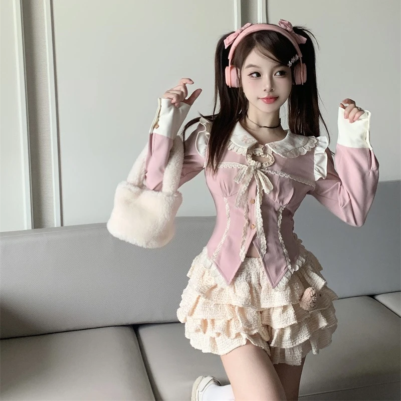 Japanese Style Kawaii Clothing 3 Piece Skirts Set Women Bodycon Slim Even Party Clothing Chic Autumn Lolita Suits Y2k Crop Tops