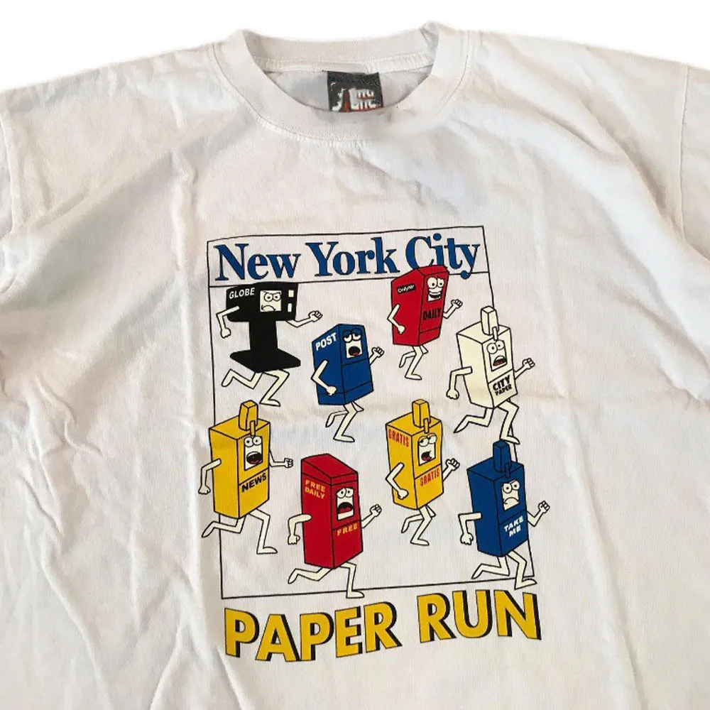 New York City Paper Run Funny Cartoon Printing Unisex Cute T shirts Short Sleeve Loose Cotton White Top Summer Vintage Style Tee