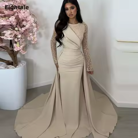 Eightale Arabic Evening Dress Prom Gown Customized Pearls Sequin Long Sleeve Wedding Party Dress Mermaid Robes De Soir&eacute;e