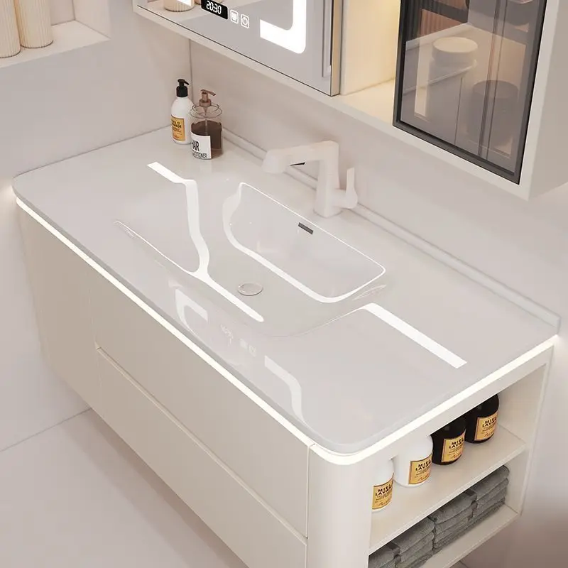 Simple cream wind washbasin ceramic integrated basin modern bathroom intelligent solid wood bathroom