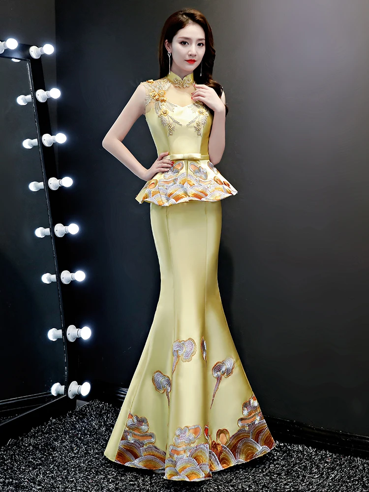 

Длинное вечернее платье Ele с желтой вышивкой для выступлений, женское модное платье для свадеб, вечеринок и торжественных мероприятий