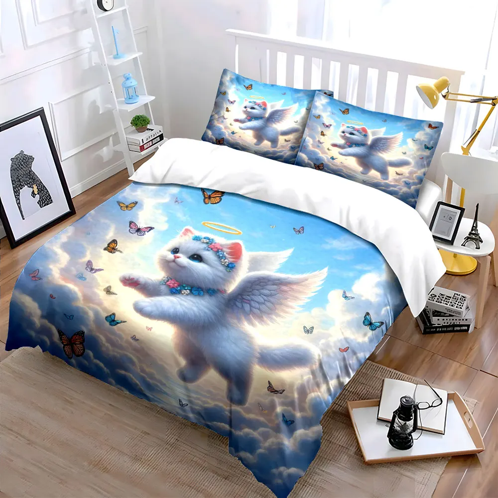 Angel cat surrounded by butterflies Printed Duvet Cover Set1 Duvet Cover+2 PillowcaseMulti Size Bedroom Bedding Decoration