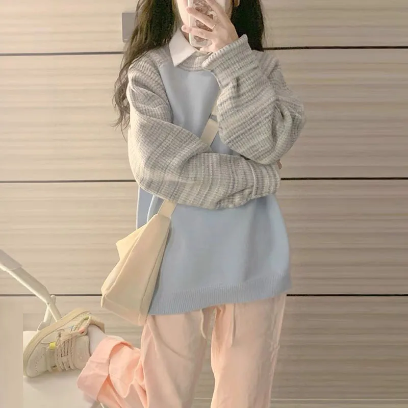 

2023 New Autumn Winter Fashion Women Sweater Panel O-Neck Stripe Knit Sweater Preppy Style Loose Simple Sweet Pullovers Sweater