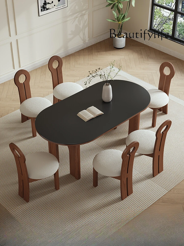 French retro solid wood rock slab dining table household oval dining table living room dining table and chair combination