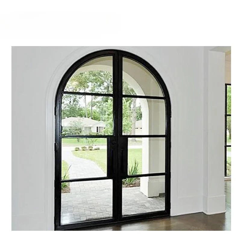 Fancy French Arches Iron Gate Doors Durable and Popular Wrought Iron with Glass Manual Opening