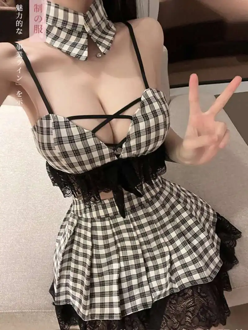 Plaid V Neck Tank Mini Dress Fashion Korean Female Sexy Uniform Seduction Passion Pure Student Dress Elegant Cosplay 1JDL