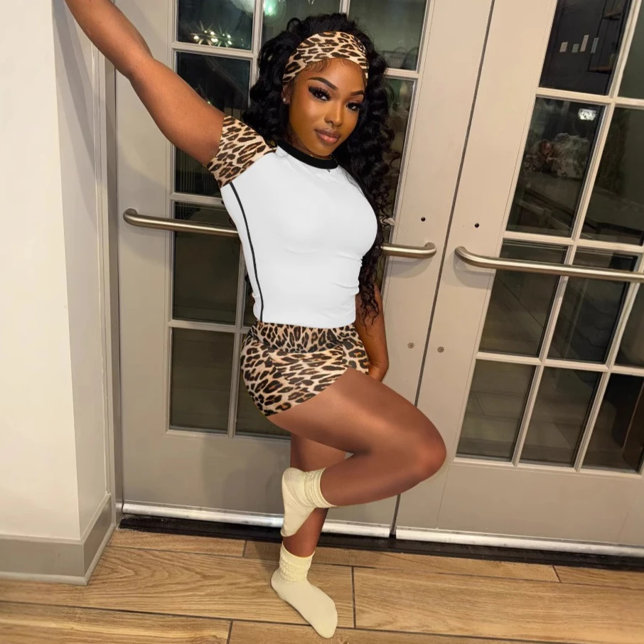 Shorts Sets Women Pant Set Two Piece Sets Leopard Print Round Neck Tops Short Pants High Waist Y2k Streetwear Elegant Summer