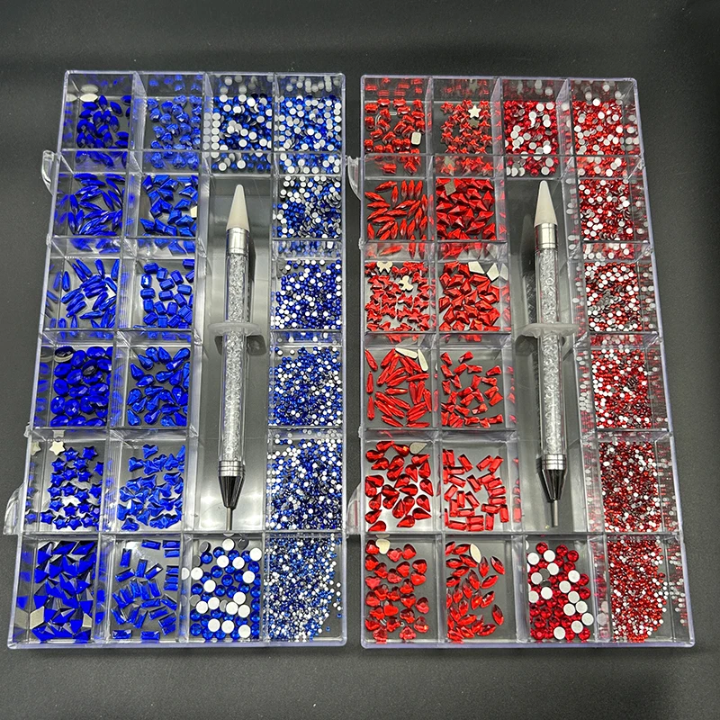 9200Pcs/Box Luxury Blue Crystal Diamond Mixed-size 21 Grid SS4-SS16 Mini Nail Diamond With 1Pc Wax Pen Manicure Crystal Storage