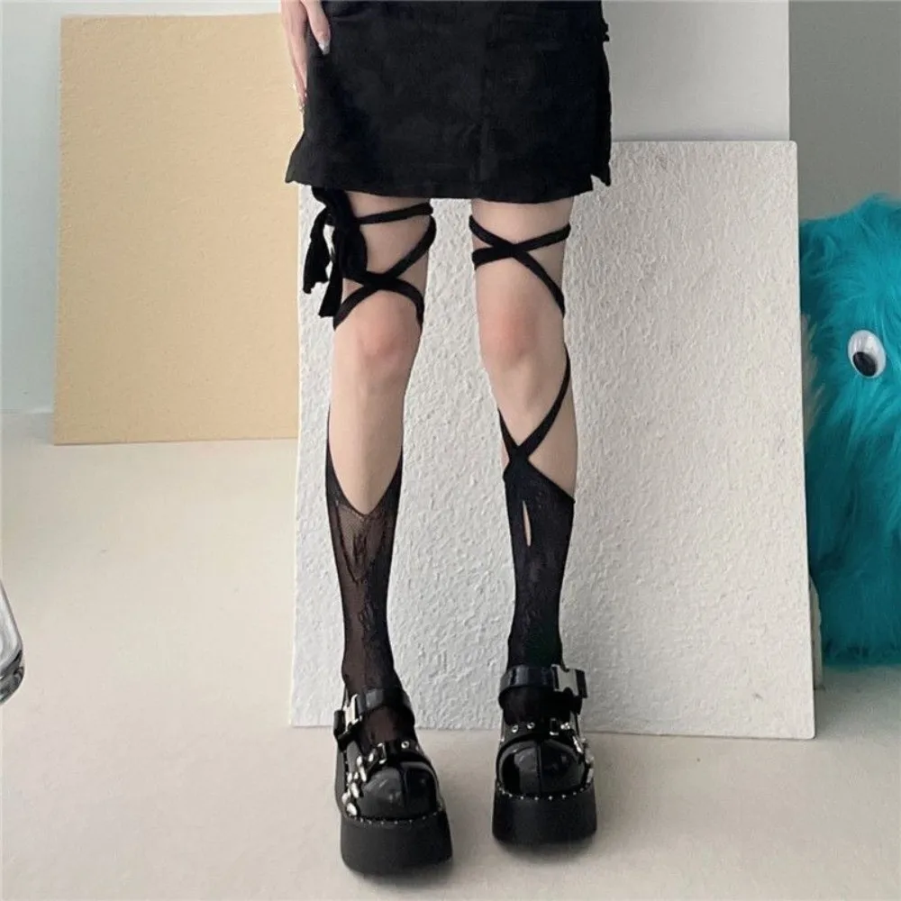 1 pair Y2K Cross Tied Fishnets Tabi Socks Thin Lace Pattern Knee High Socks Irregular Split-toe Sock Women