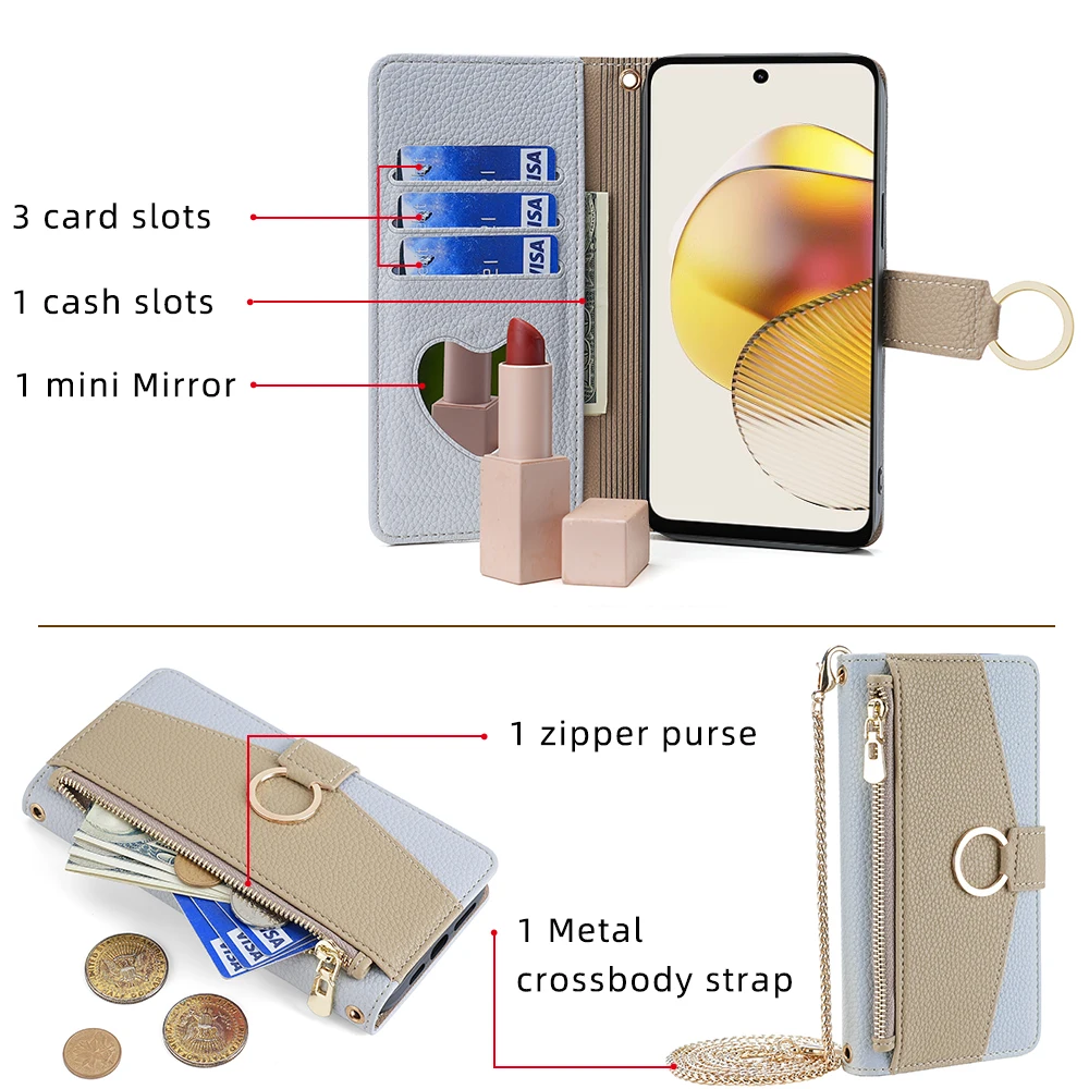 Zipper Wallet Leather Phone Case For Motorola Moto G72 G71 G62 G42 G53 G51 G73 G50 G60s G200 G Play Power Flip Cover Crossbody