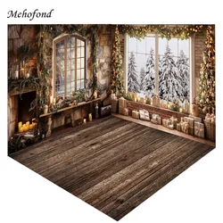 Mehofond Photography Background Winter Christmas Fireplace Window Forest Xmas Kids Family Portrait Decor Backdrop Photo Studio