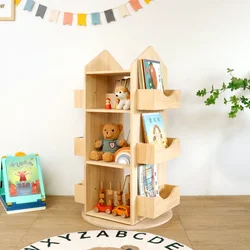 Children's Rotating Bookshelf Movable Solid Wood Environmentally Friendly Student Picture Book Storage Rack Kids Toys Storage