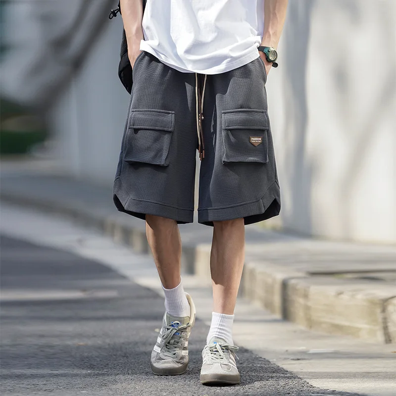 

Мужские короткие карго большого размера из тяжелого хлопка длиной до колена с несколькими 3D карманами и шнурком на талии, городская улица, лето на открытом воздухе