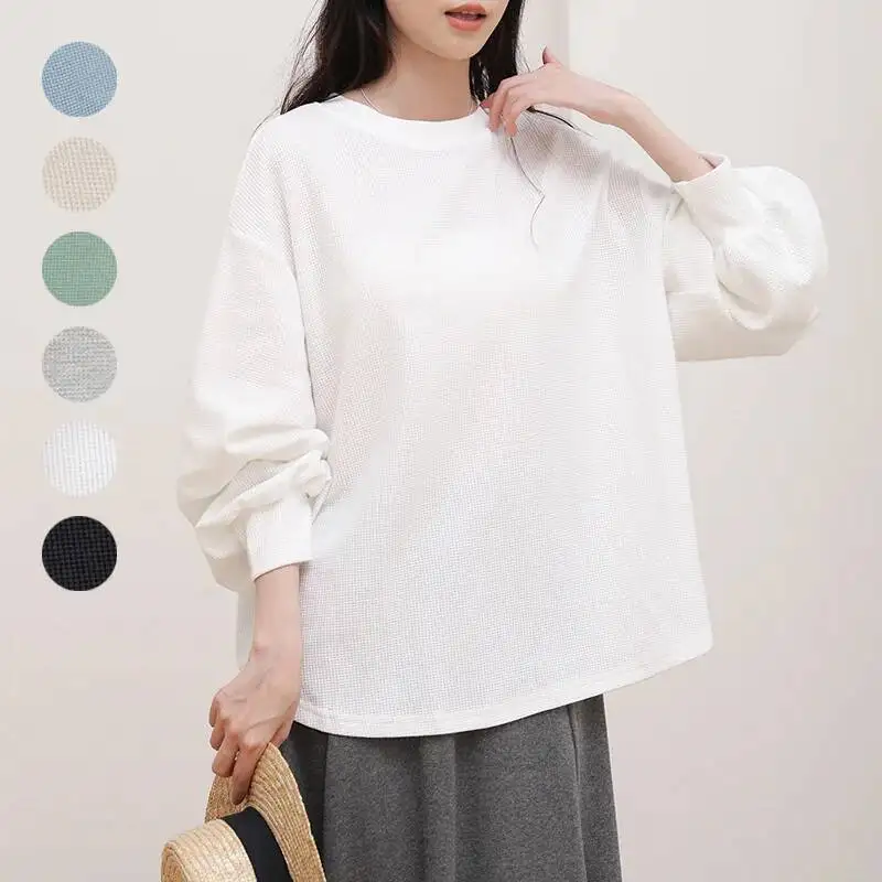 

Женская футболка Lotte Japan and Korea Autumn 7 Colors Waffle с круглым вырезом, однотонная, универсальная, свободного кроя, с длинными рукавами