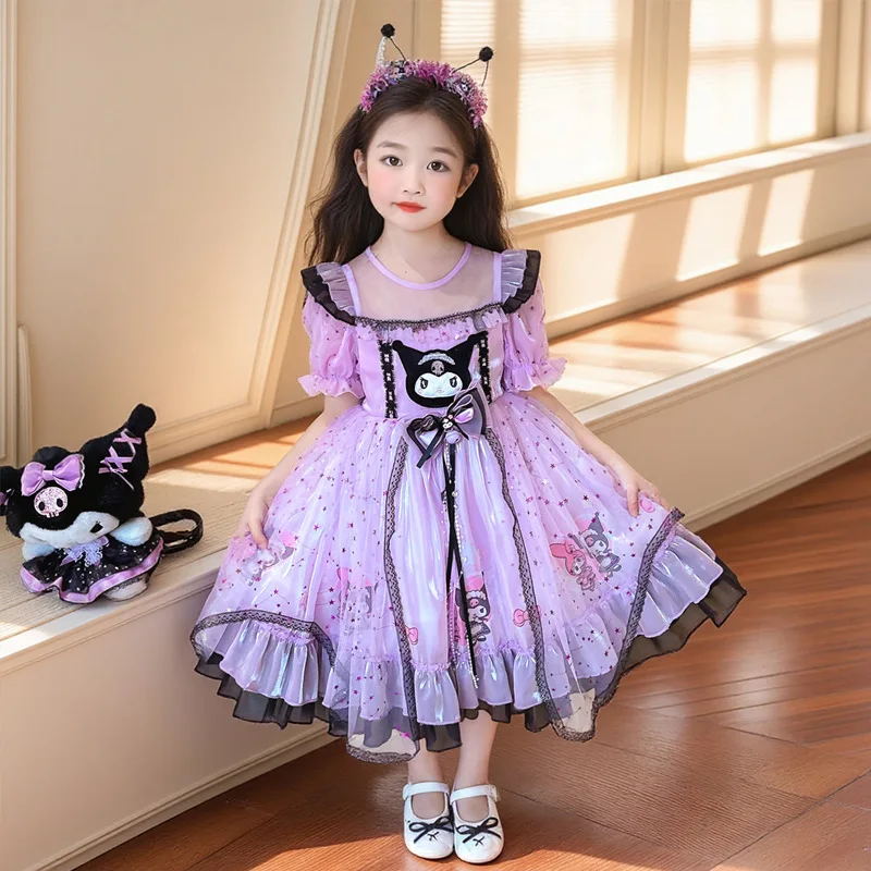 

Kuromi Lolita Dress Girl Cartoon Short Sleeves Princess Dress Sweet Cute Mesh Puff Skirt Holiday Party Evening Dress Girl's Gift
