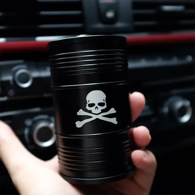 Vintage Oil Barrel Skull Car Ashtray Alloy With Lid Portable Ash Tray Windproof Anti-Dust Car Interior Universal Auto Accessory