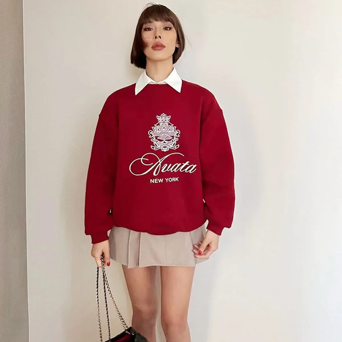 Autumn New New York Vintage Style Printing Wine Red Cotton Loose Sweatshirts Women Long Sleeve Cotton Street Fashion Jumper