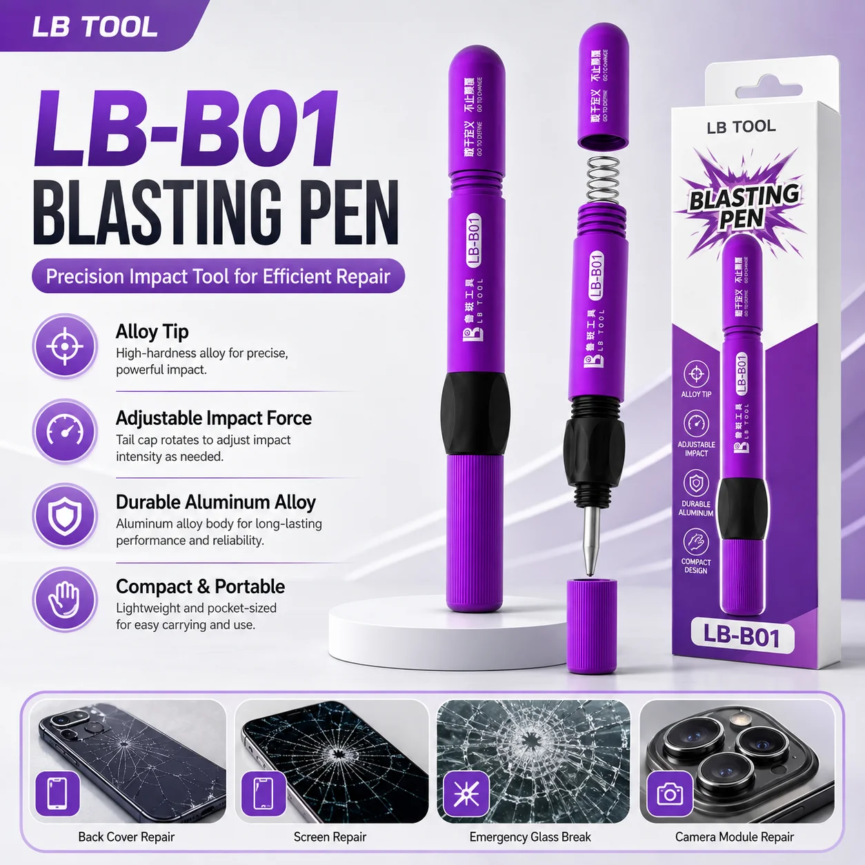 LUBAN LB-B01 Alloy Blasting Pen Adjustable Force for Phone Repair Camera Modules/Back Covers Glass Blasting and Disassembly Tool