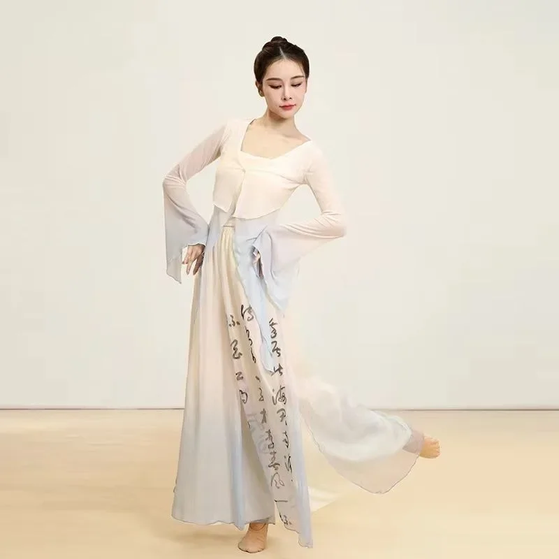 Women Classical Dance Costumes Chinese Traditional Style White Top Printed Culottes Hanfu Dress Girls Dance Practice Clothing