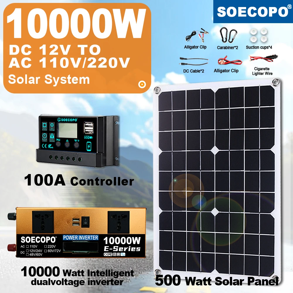 

10000W Solar Generator Kit 500W Panel 100A Controller 12V/24V to 110V/220V Inverter DC Cable for Camping/Emergency/Home Backup