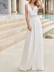 Customized A-Line Long Beaded Jumpsuits Wedding Dresses V-Neck Floor Length Satin Sleeveless Country Sexy with Lace for Women