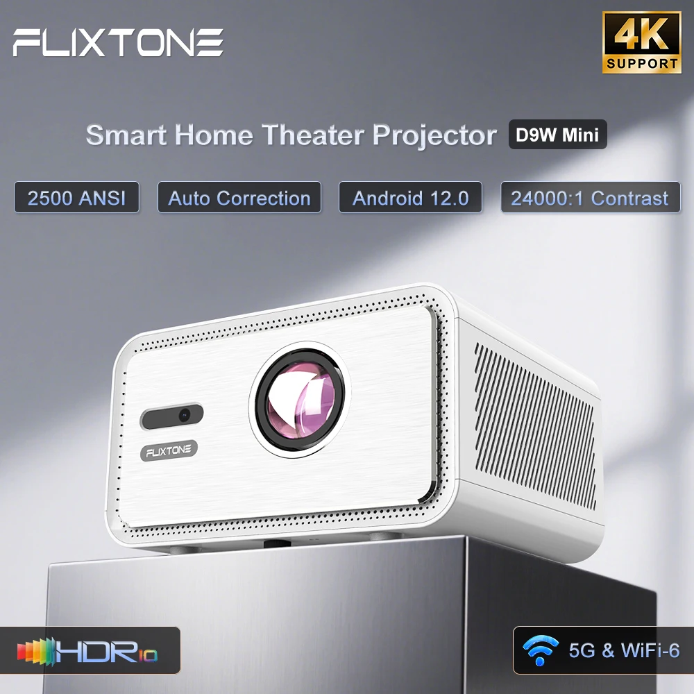 Flixtone D9W MINI Portable Projector Support 4K HD1080P 2G+32G 2500 ANSI Auto Focus Wifi6 BT Home Outdoor Cinema-level Projector