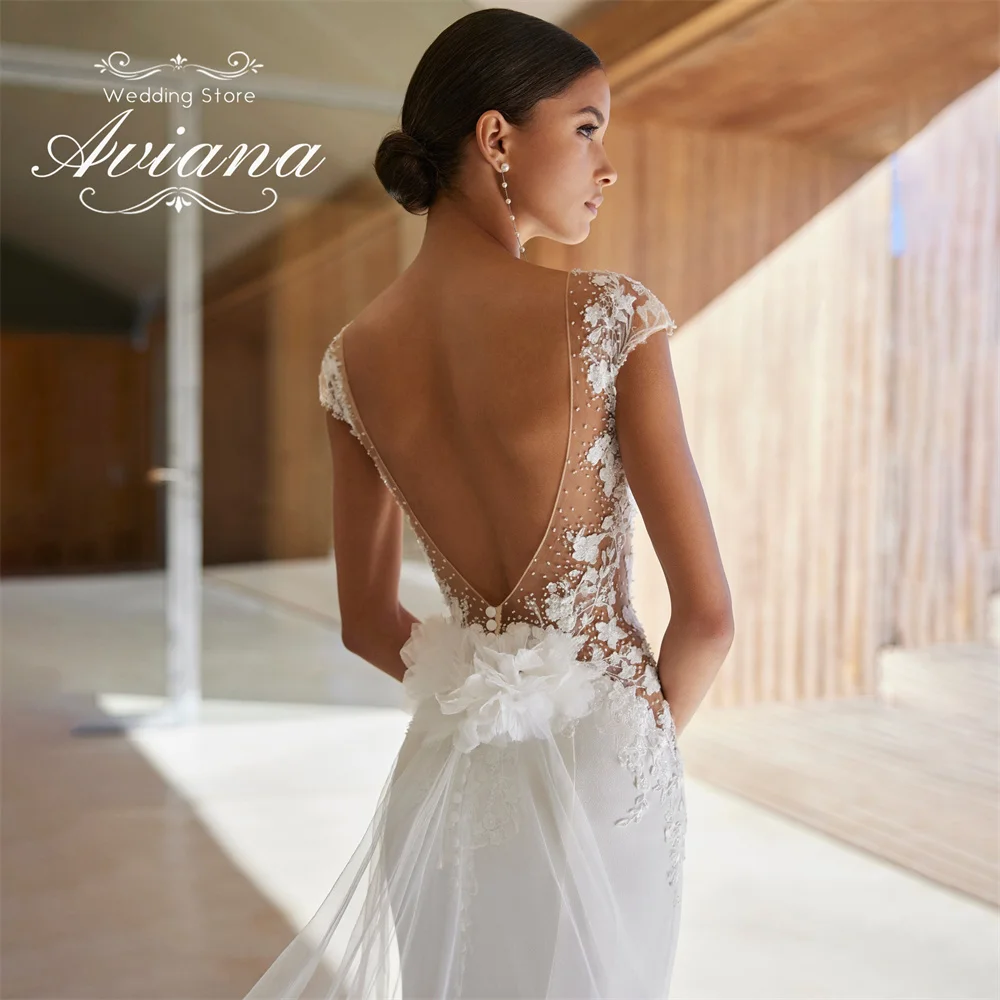 Aviana Customized Sweetheart Backless Mermaid Wedding Dress Sweep Train Pearls Elegant  Floor Length Lace Appliques Embroidery