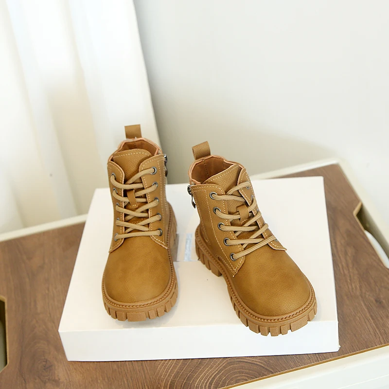 Children Short Boots Soild Color Retro Kids Ankle Boots Round Toes 2025 Autumn Winter New Boys Girls Leather Boots British Style