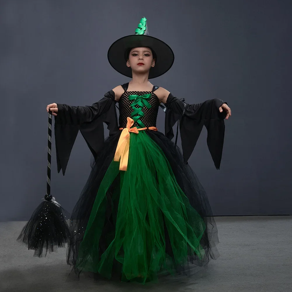 Cosplay Bat Sleeve Fato de bruxa para meninas, vestidos elegantes, Cos Sorceress Performance Clothes, Halloween Party, Tulle Skirt for Children