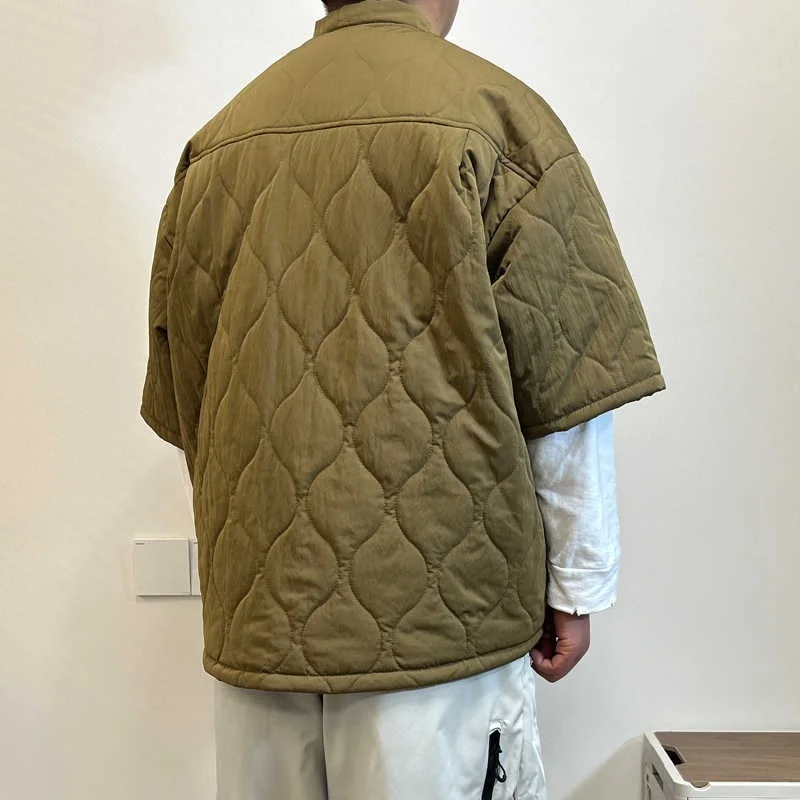 Retro Japanese Style Cotton Jacket Inner  Short Sleeve Unisex Winter Coat Warmth Cleanfit Casual Pure Color Button up
