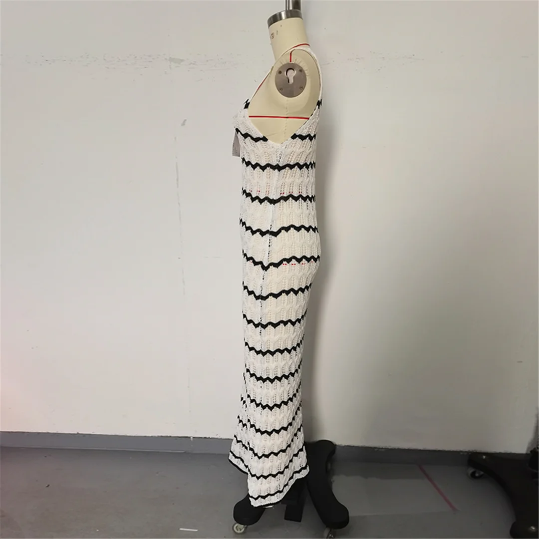 Ärmelloses, gestreiftes, ausgeschnittenes, gehäkeltes, gestricktes Tunika-Strandkleid, Strandmode, Damen-Strandkleid, Strand-Cover-up, Damen V6755 – Detail 14