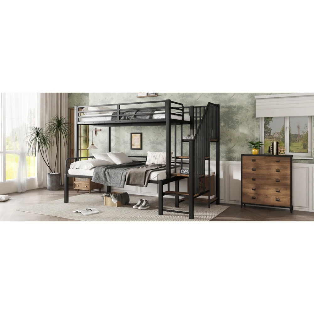 PINGGO Eisen-Etagenbett für Kinder und Jugendliche mit Stauraum-Eckschrank, Eisen & MDF, Schwarz Vintage-Holz, 90x200cm 120x200cm, ohne Matratze – Detail 13