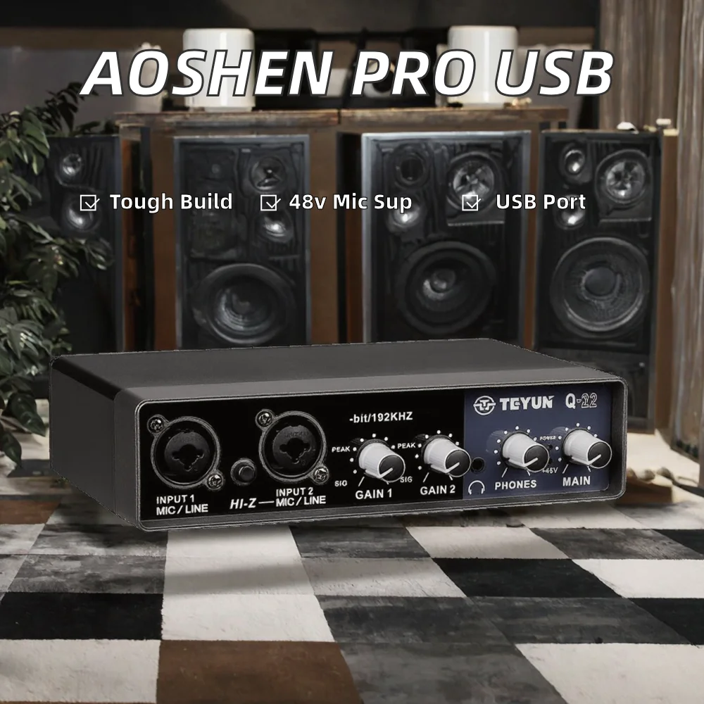 AOSHEN Pro USB Recording Studio Sound Card Supports 48v Microphone Stereo Audio Mixer Interface for Live Streaming
