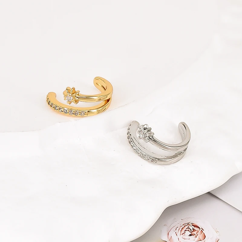 925 Silver Ear Needle Eight-pointed Star White Zircon Hoop earrings/ear clips/ear studs For Women Pierced Punk trendy jewelry