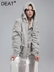 DEAT Fashion Women's Gray Hooded Hoodies Zipper Long Sleeve High Waist Drawstring Pearls Pant Suit Autumn 2024 New 7AB3816